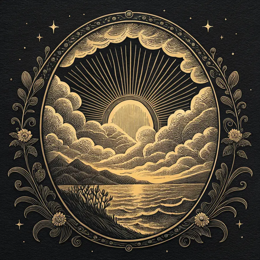 Engraved plate of a rising sun over water, gold ink on black
