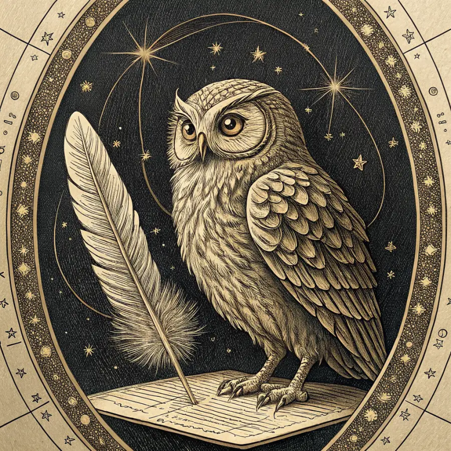 Engraved plate of an owl with a quill, gold ink on black