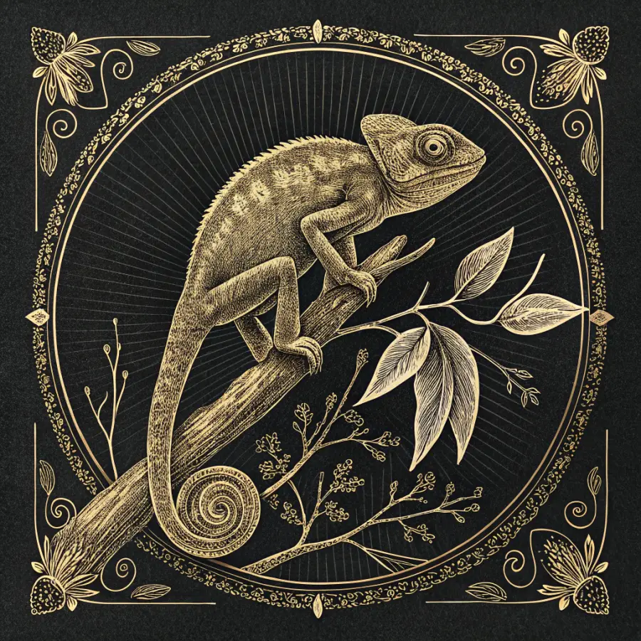 Engraved plate of a chameleon on a branch, gold ink on black