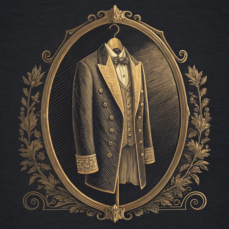 Engraved plate of a vintage tailcoat on a hanger, gold ink on black